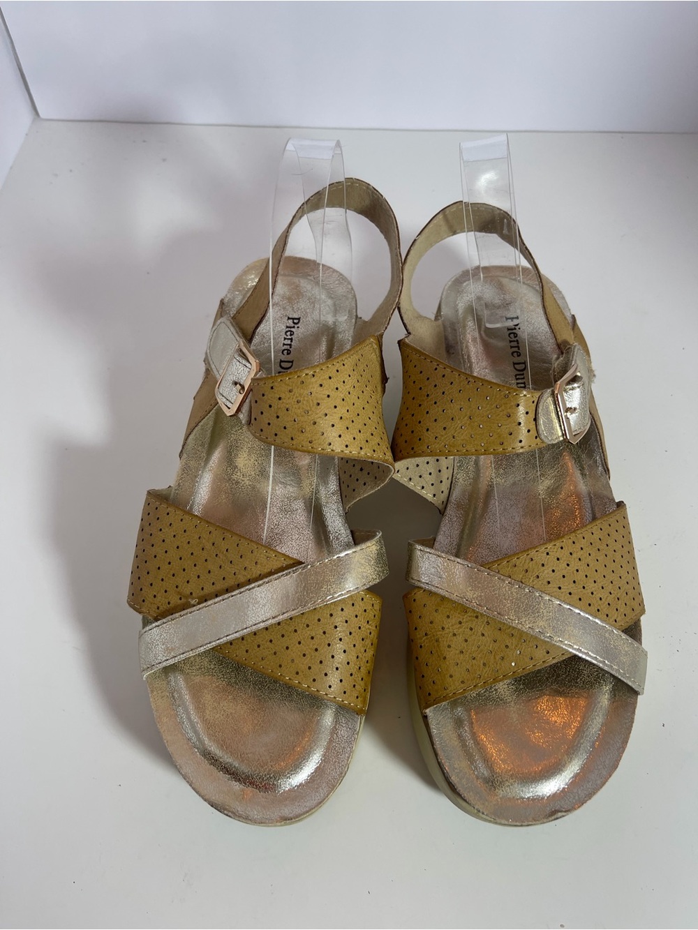 Pierre Dumas Gold and Tan Perforated Cross-Strap Slingbacks Sandals Sz 10